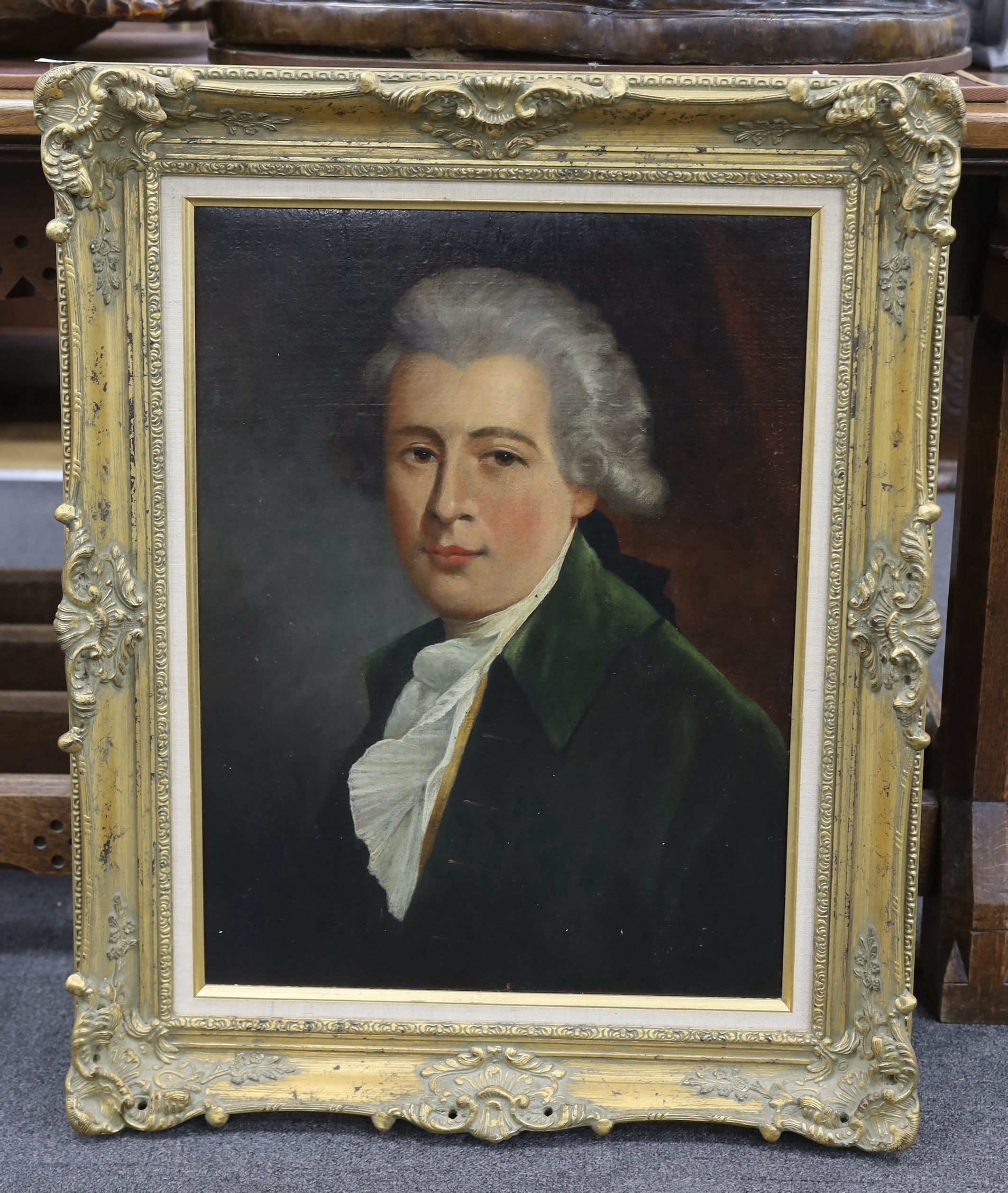 English School, oil on canvas, Portrait of a gentleman wearing a powdered wig and frock coat, 59 x 44cm, ornate gilt frame